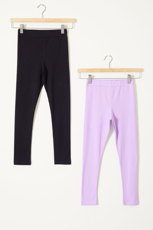 Kız Çocuk Likrali 2li Düz Tayt Siyah-Lila 18119