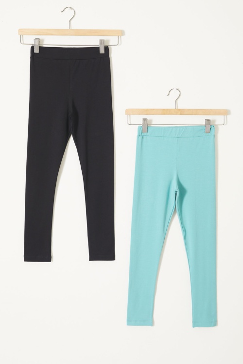 Kız Çocuk Likrali 2li Düz Tayt Siyah-Yeşil 18121