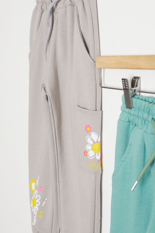 Kız Çocuk Paçası Çiçek Baskılı 2li Eşofman Altı Bej-Yeşil 18390