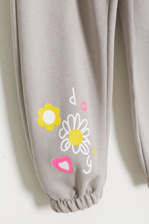 Kız Çocuk Paçası Çiçek Baskılı 2li Eşofman Altı Bej-Yeşil 18390