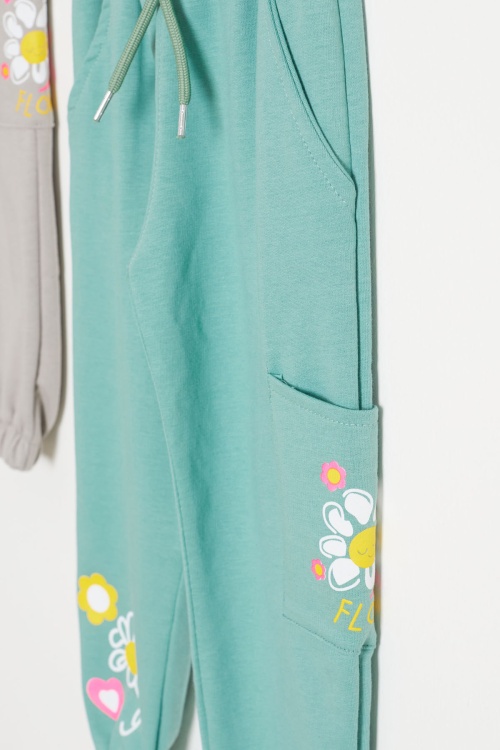 Kız Çocuk Paçası Çiçek Baskılı 2li Eşofman Altı Bej-Yeşil 18390