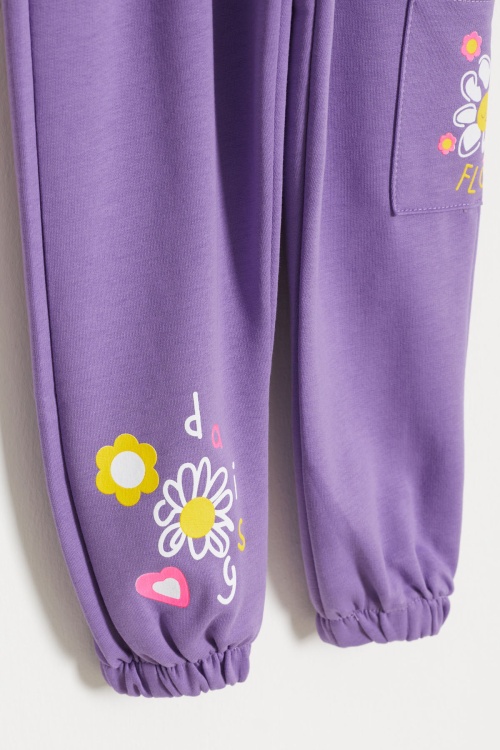 Kız Çocuk Paçası Çiçek Baskılı 2li Eşofman Altı Lila-Gül Kurusu 18391