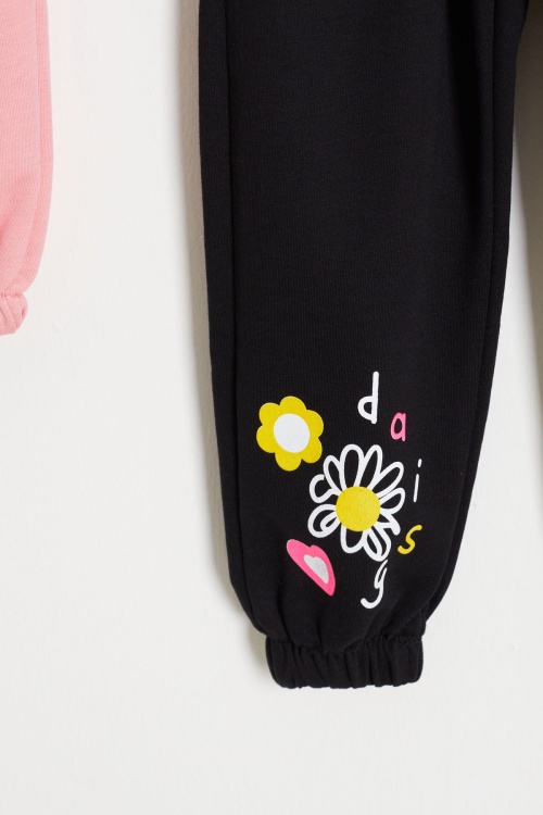 Kız Çocuk Paçası Çiçek Baskılı 2li Eşofman Altı Siyah-Pembe 18388