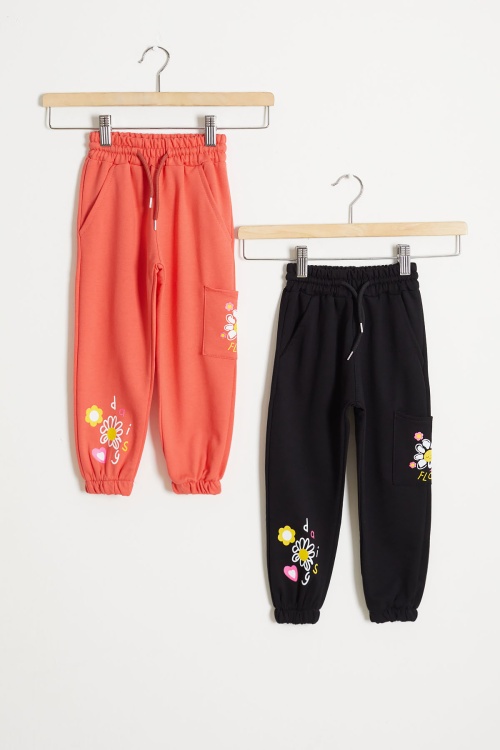 Kız Çocuk Paçası Çiçek Baskılı 2li Eşofman Altı Siyah-Turuncu 18389