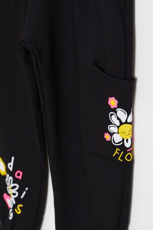 Kız Çocuk Paçası Çiçek Baskılı 2li Eşofman Altı Siyah-Turuncu 18389