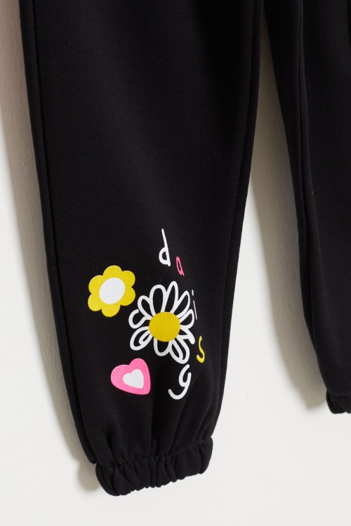 Kız Çocuk Paçası Çiçek Baskılı 2li Eşofman Altı Siyah-Turuncu 18389