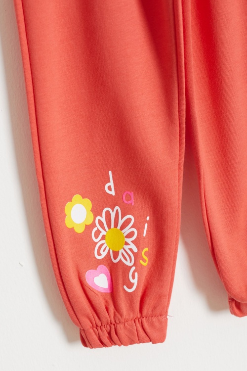 Kız Çocuk Paçası Çiçek Baskılı 2li Eşofman Altı Siyah-Turuncu 18389