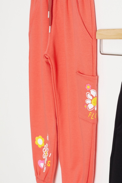 Kız Çocuk Paçası Çiçek Baskılı 2li Eşofman Altı Siyah-Turuncu 18389