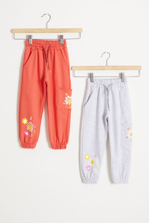 Kız Çocuk Paçası Çiçek Baskılı 2li Eşofman Altı Turuncu-Gri 18392