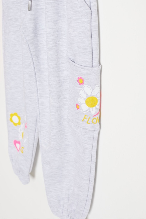 Kız Çocuk Paçası Çiçek Baskılı 2li Eşofman Altı Turuncu-Gri 18392