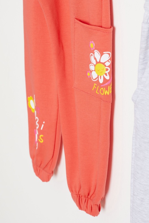 Kız Çocuk Paçası Çiçek Baskılı 2li Eşofman Altı Turuncu-Gri 18392