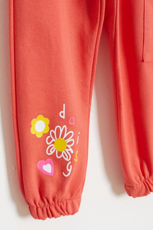 Kız Çocuk Paçası Çiçek Baskılı 2li Eşofman Altı Turuncu-Gri 18392