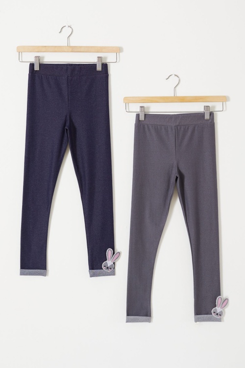 Kız Çocuk Paçası Tavşan Detaylı 2li Tayt Lacivert-Füme 18206