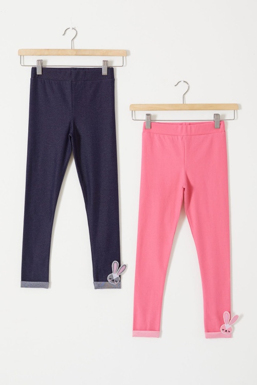 Kız Çocuk Paçası Tavşan Detaylı 2li Tayt Lacivert-Pembe 18207
