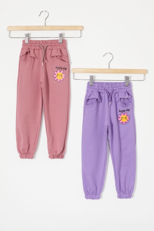 Kız Çocuk Papatya Baskılı Beli Lastikli 2li Eşofman Altı Lila-Gül Kurusu 18394
