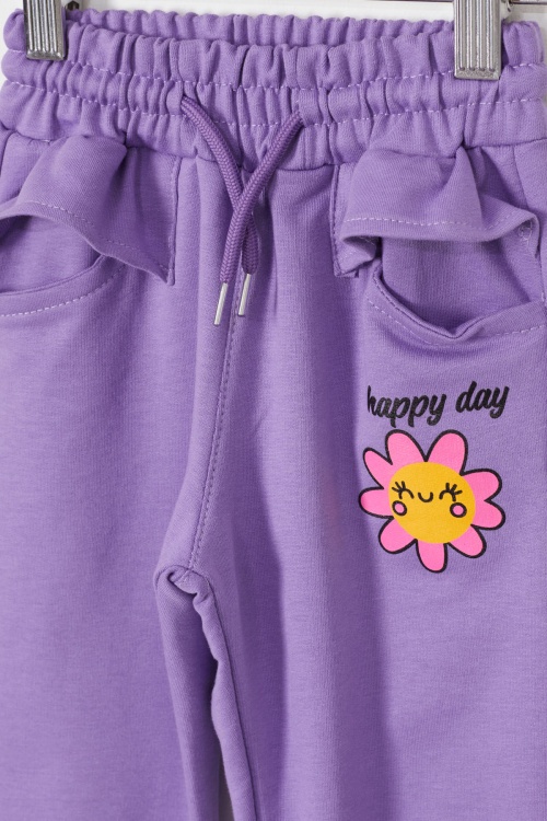 Kız Çocuk Papatya Baskılı Beli Lastikli 2li Eşofman Altı Lila-Gül Kurusu 18394