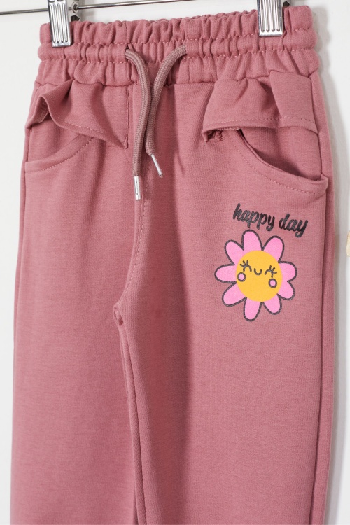 Kız Çocuk Papatya Baskılı Beli Lastikli 2li Eşofman Altı Lila-Gül Kurusu 18394