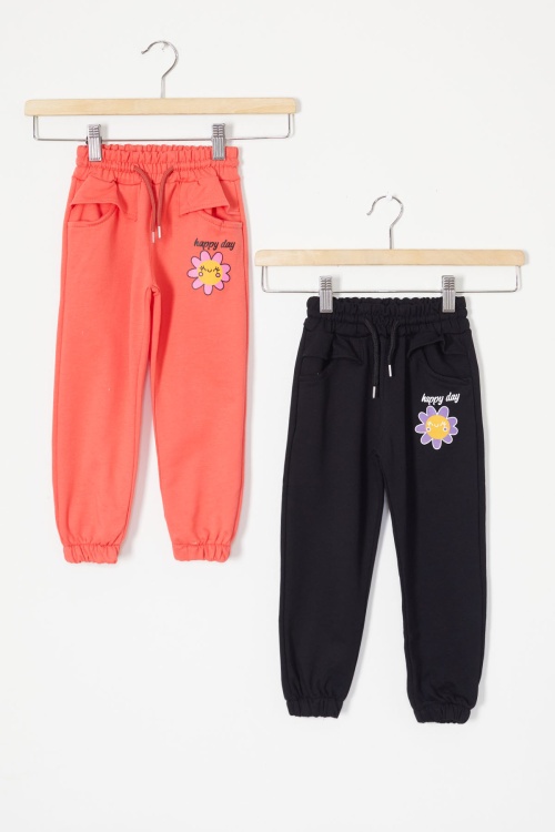 Kız Çocuk Papatya Baskılı Beli Lastikli 2li Eşofman Altı Siyah-Turuncu 18393