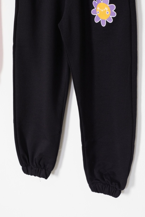 Kız Çocuk Papatya Baskılı Beli Lastikli 2li Eşofman Altı Siyah-Turuncu 18393