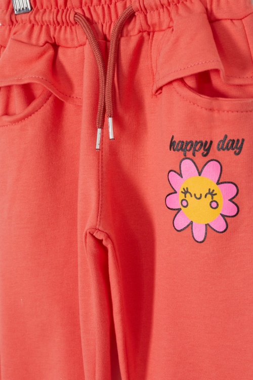 Kız Çocuk Papatya Baskılı Beli Lastikli 2li Eşofman Altı Siyah-Turuncu 18393