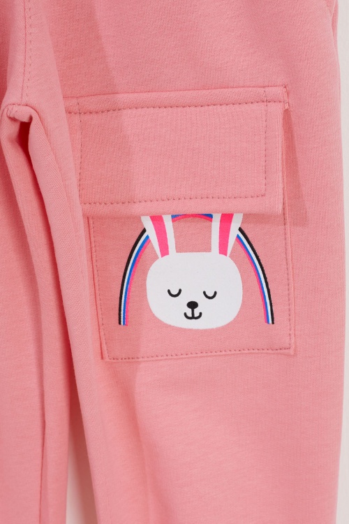 Kız Çocuk Tavşan Baskılı Cepli 2li Eşofman Altı Bej-Pembe 18439