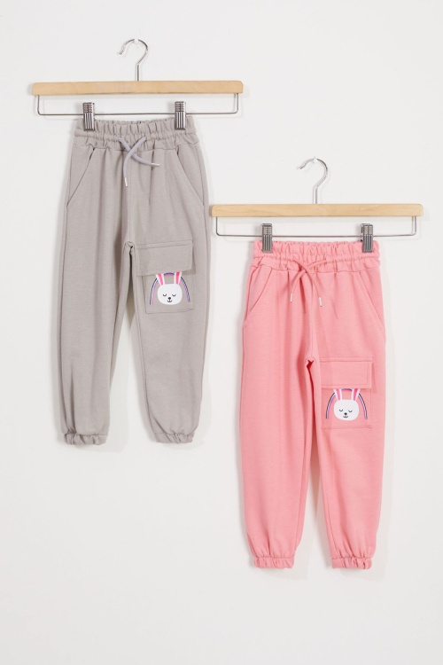 Kız Çocuk Tavşan Baskılı Cepli 2li Eşofman Altı Bej-Pembe 18439