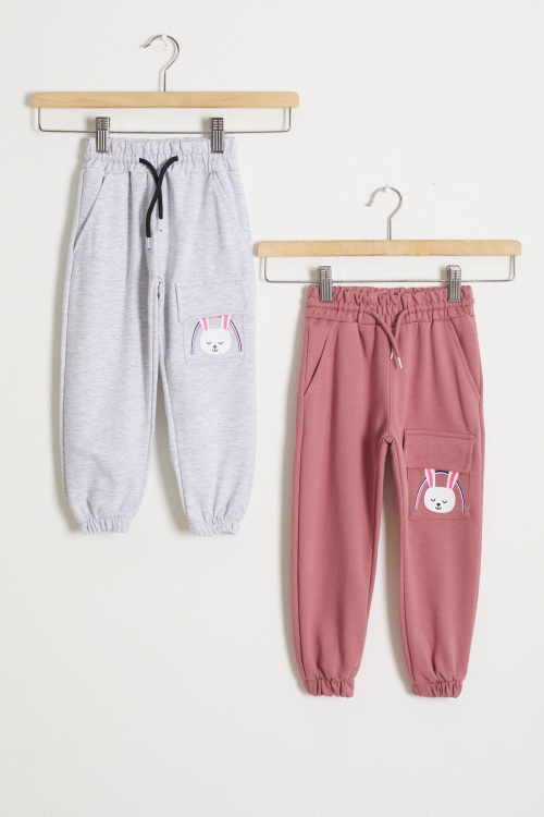 Kız Çocuk Tavşan Baskılı Cepli 2li Eşofman Altı Gri-Gül Kurusu 18438