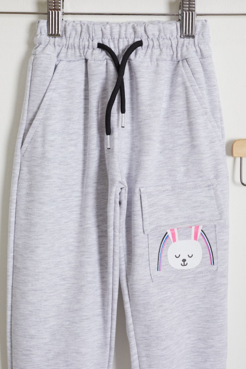 Kız Çocuk Tavşan Baskılı Cepli 2li Eşofman Altı Gri-Gül Kurusu 18438