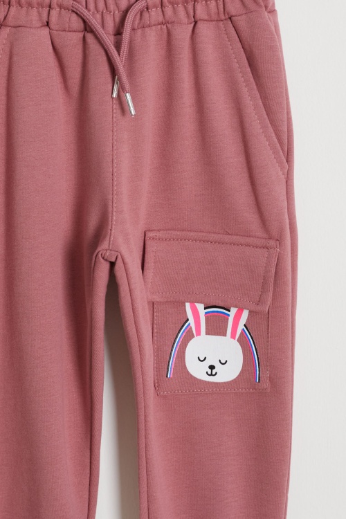 Kız Çocuk Tavşan Baskılı Cepli 2li Eşofman Altı Gri-Gül Kurusu 18438