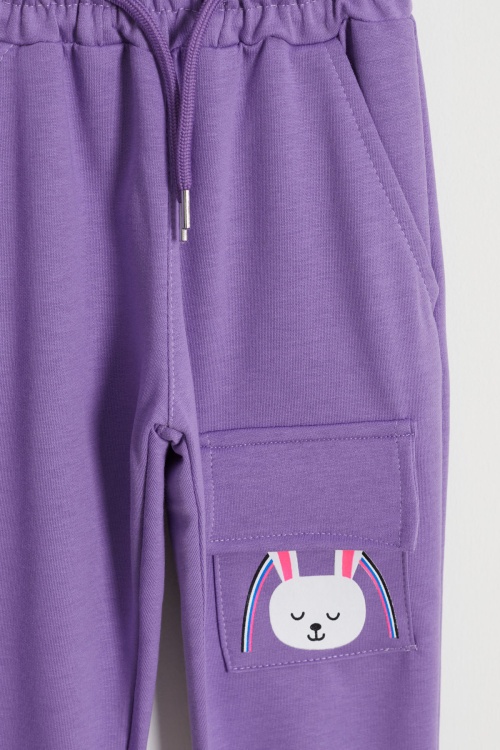 Kız Çocuk Tavşan Baskılı Cepli 2li Eşofman Altı Lila-Yeşil 18437