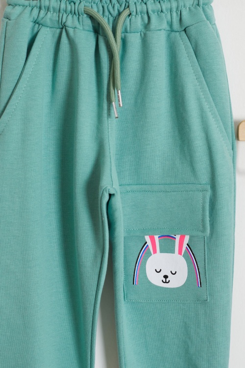 Kız Çocuk Tavşan Baskılı Cepli 2li Eşofman Altı Lila-Yeşil 18437