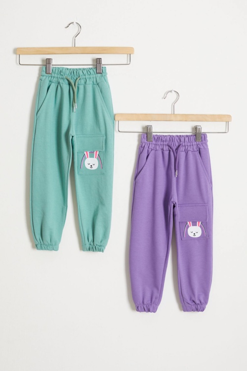 Kız Çocuk Tavşan Baskılı Cepli 2li Eşofman Altı Lila-Yeşil 18437