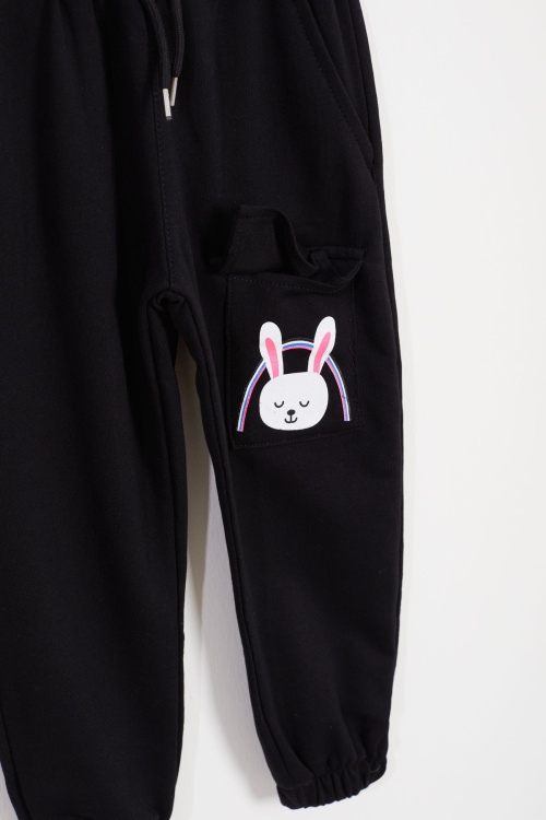 Kız Çocuk Tavşan Baskılı Cepli 2li Eşofman Altı Siyah-Turuncu 18436