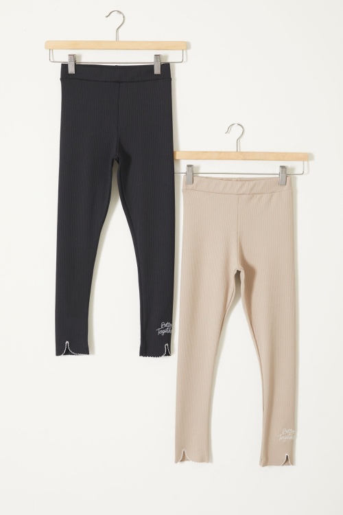 Kız Çocuk Yazı Nakışlı Fitilli Karşkorse 2li Tayt Siyah-Bej 18086