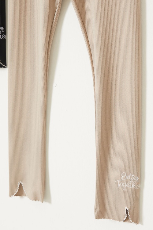 Kız Çocuk Yazı Nakışlı Fitilli Karşkorse 2li Tayt Siyah-Bej 18086