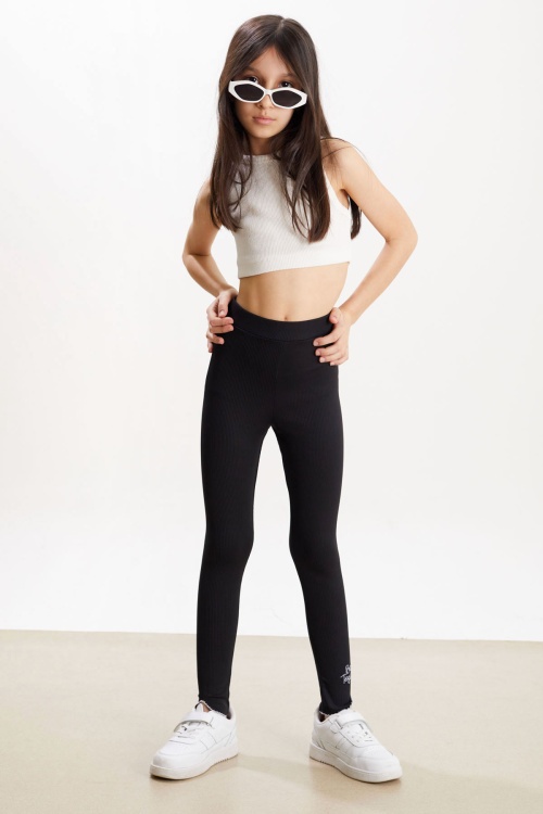 Kız Çocuk Yazı Nakışlı Fitilli Karşkorse 2li Tayt Siyah-Gri 18274