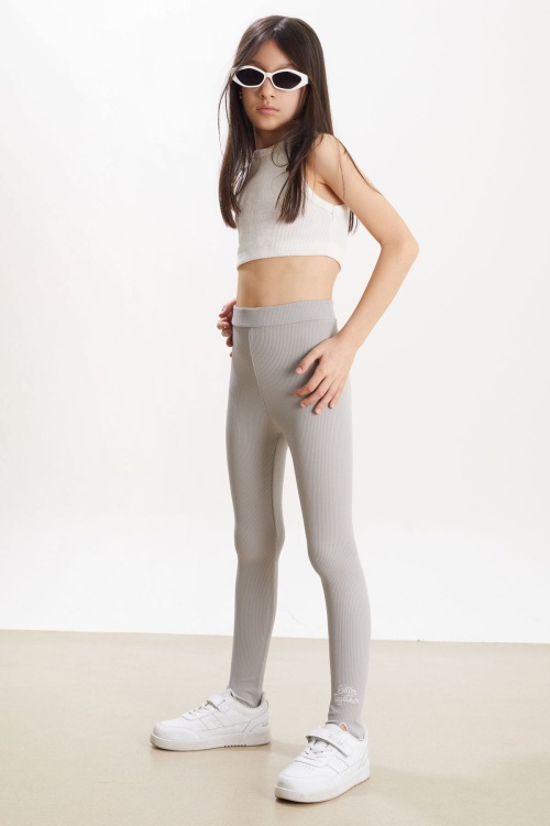 Kız Çocuk Yazı Nakışlı Fitilli Karşkorse 2li Tayt Siyah-Gri 18274