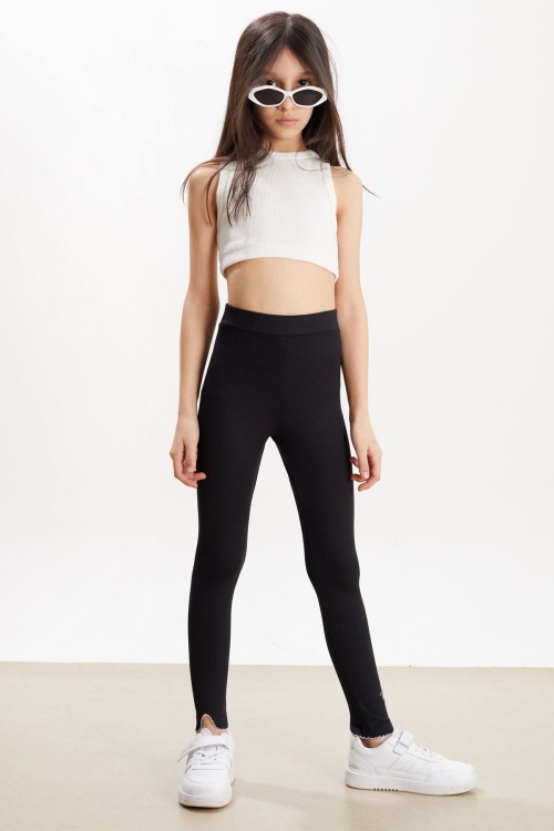 Kız Çocuk Yazı Nakışlı Fitilli Karşkorse 2li Tayt Siyah-Gri 18274