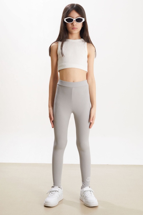 Kız Çocuk Yazı Nakışlı Fitilli Karşkorse 2li Tayt Siyah-Gri 18274