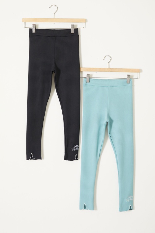 Kız Çocuk Yazı Nakışlı Fitilli Karşkorse 2li Tayt Siyah-Mint 18088