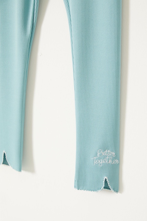 Kız Çocuk Yazı Nakışlı Fitilli Karşkorse 2li Tayt Siyah-Mint 18088