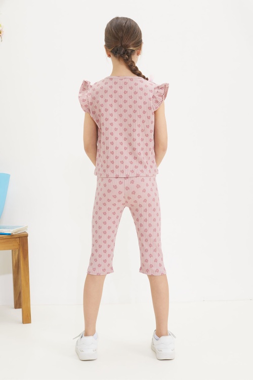 Koyu Pembe Çiçek Desenli Sıfır Kol Badili Şort Taytlı Kız Çocuk Takım 18652