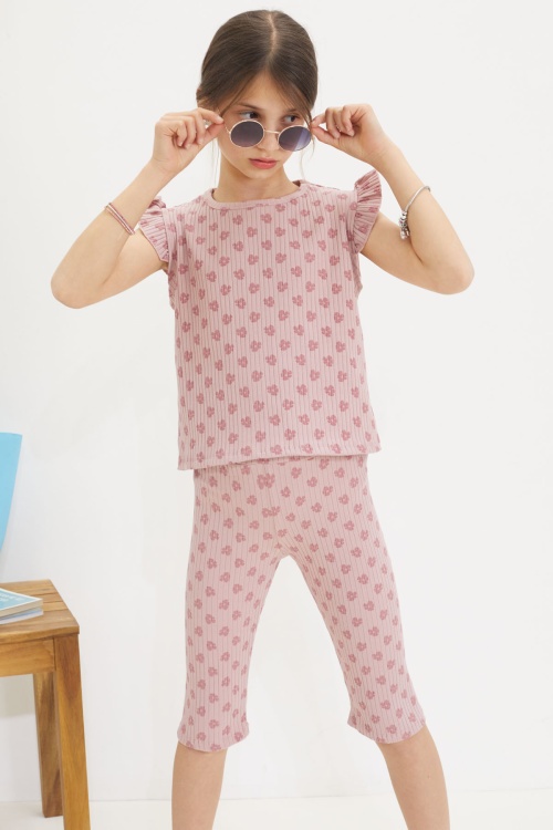 Koyu Pembe Çiçek Desenli Sıfır Kol Badili Şort Taytlı Kız Çocuk Takım 18652