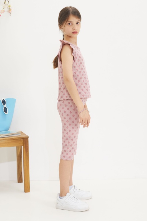 Koyu Pembe Çiçek Desenli Sıfır Kol Badili Şort Taytlı Kız Çocuk Takım 18652