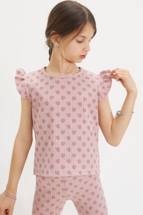 Koyu Pembe Çiçek Desenli Sıfır Kol Badili Şort Taytlı Kız Çocuk Takım 18652