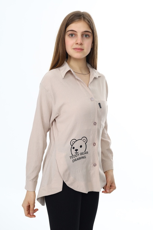 Krem Ayıcık Baskılı Yırtmaçlı Kız Çocuk Düğmeli Gömlek 18420