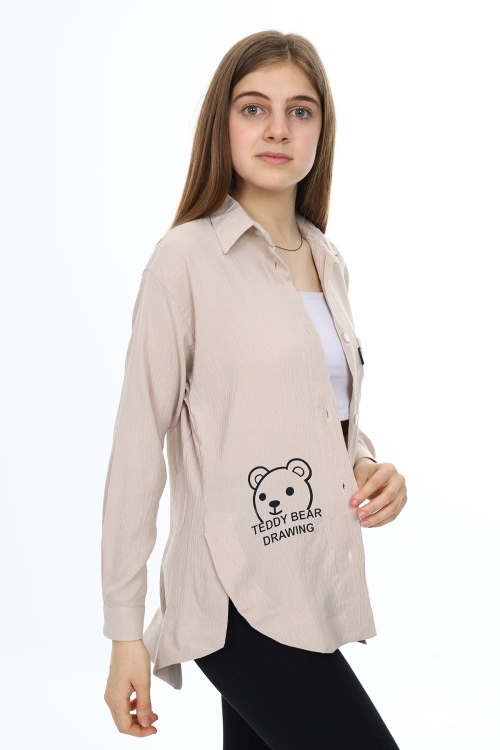 Krem Ayıcık Baskılı Yırtmaçlı Kız Çocuk Düğmeli Gömlek 18420