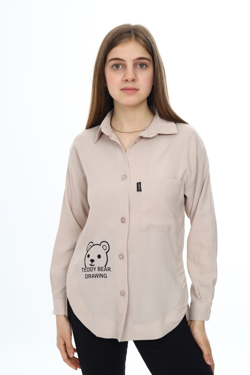 Krem Ayıcık Baskılı Yırtmaçlı Kız Çocuk Düğmeli Gömlek 18420