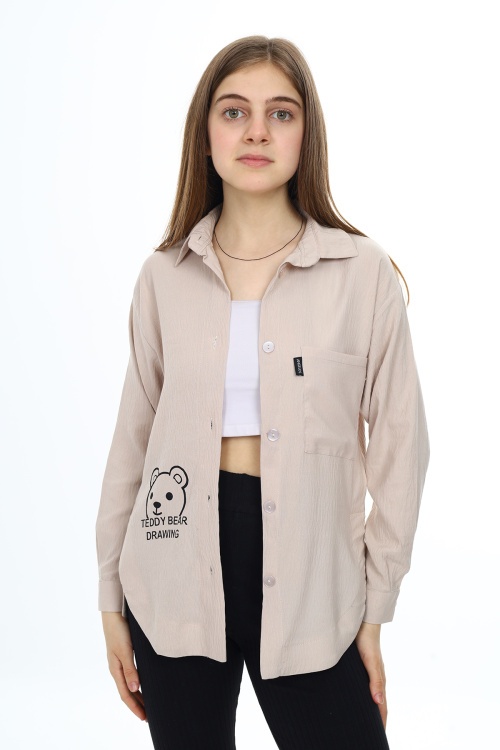 Krem Ayıcık Baskılı Yırtmaçlı Kız Çocuk Düğmeli Gömlek 18420