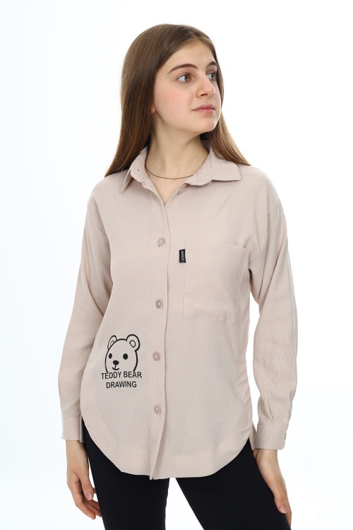 Krem Ayıcık Baskılı Yırtmaçlı Kız Çocuk Düğmeli Gömlek 18420